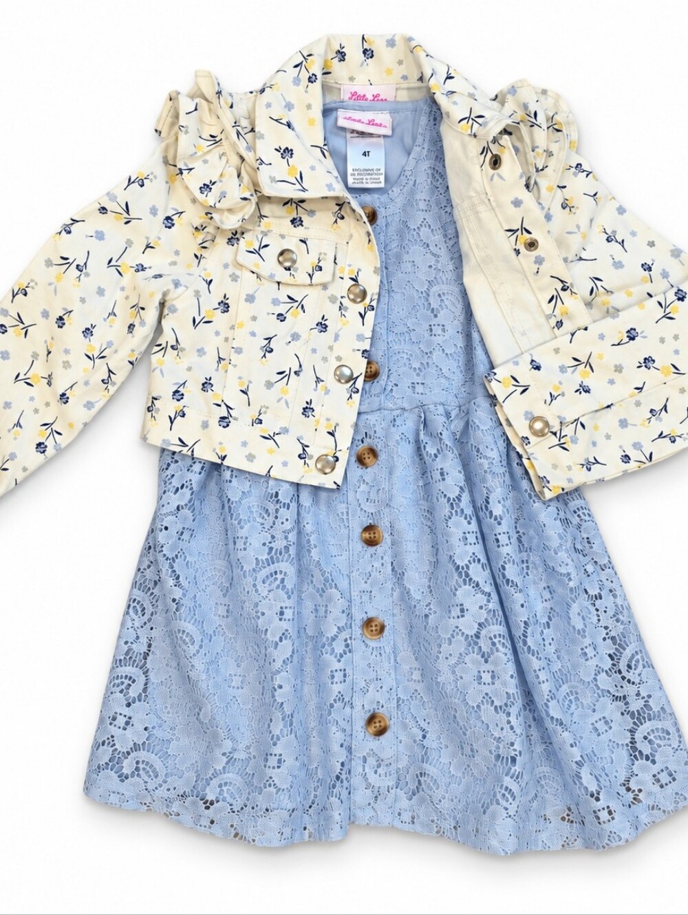 Girls 4T Blue Lace Dress & Floral Denim Jacket Set